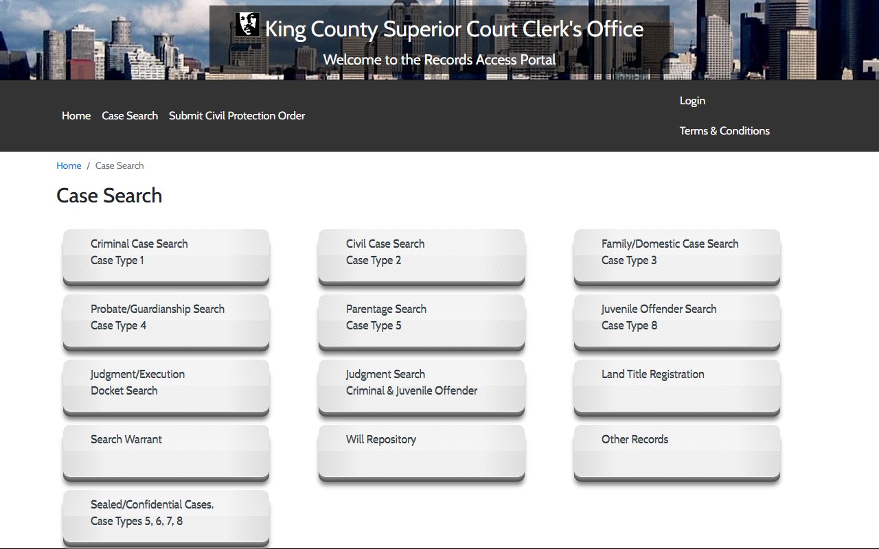 King County court records KC Script case search menu