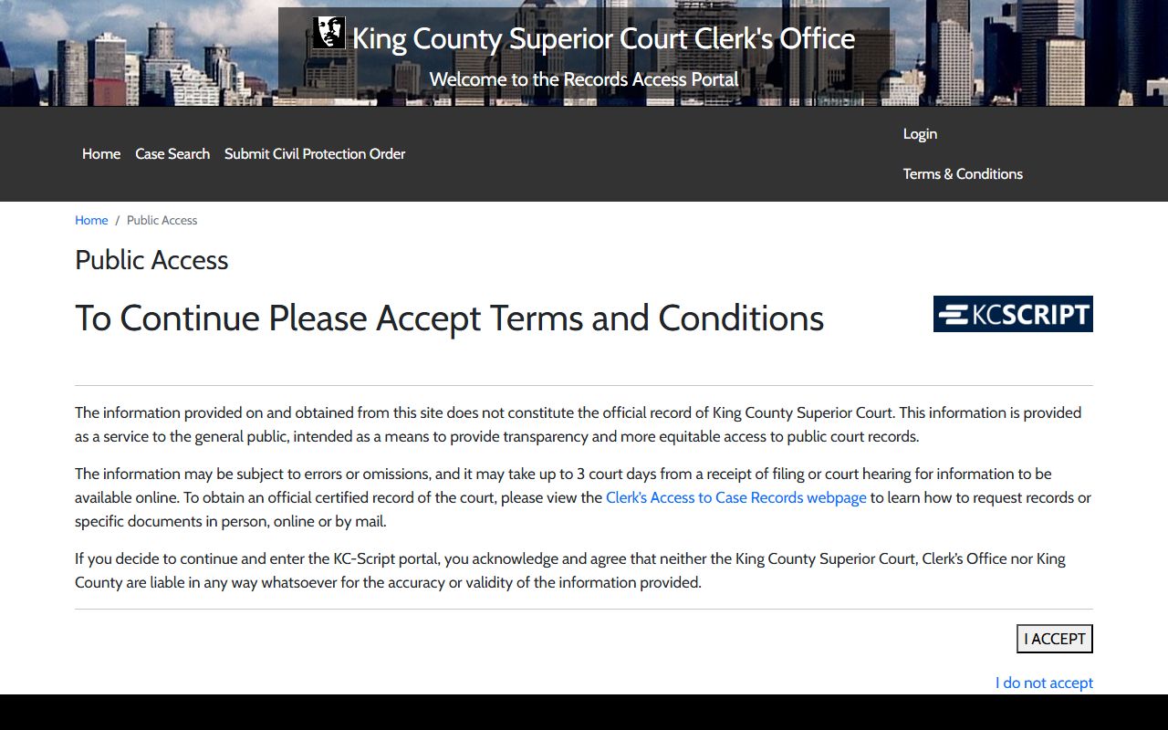 King County court records KC Script public access terms