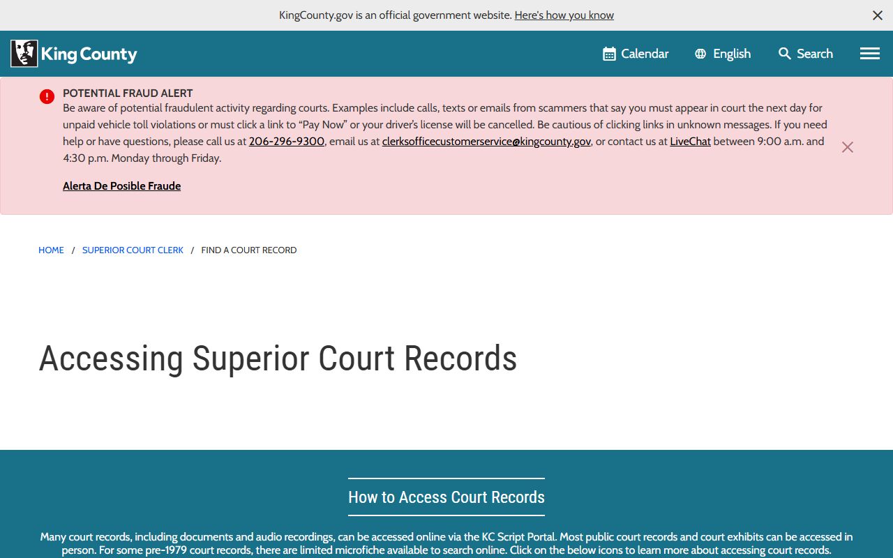King County court records Superior Court records access FAQ