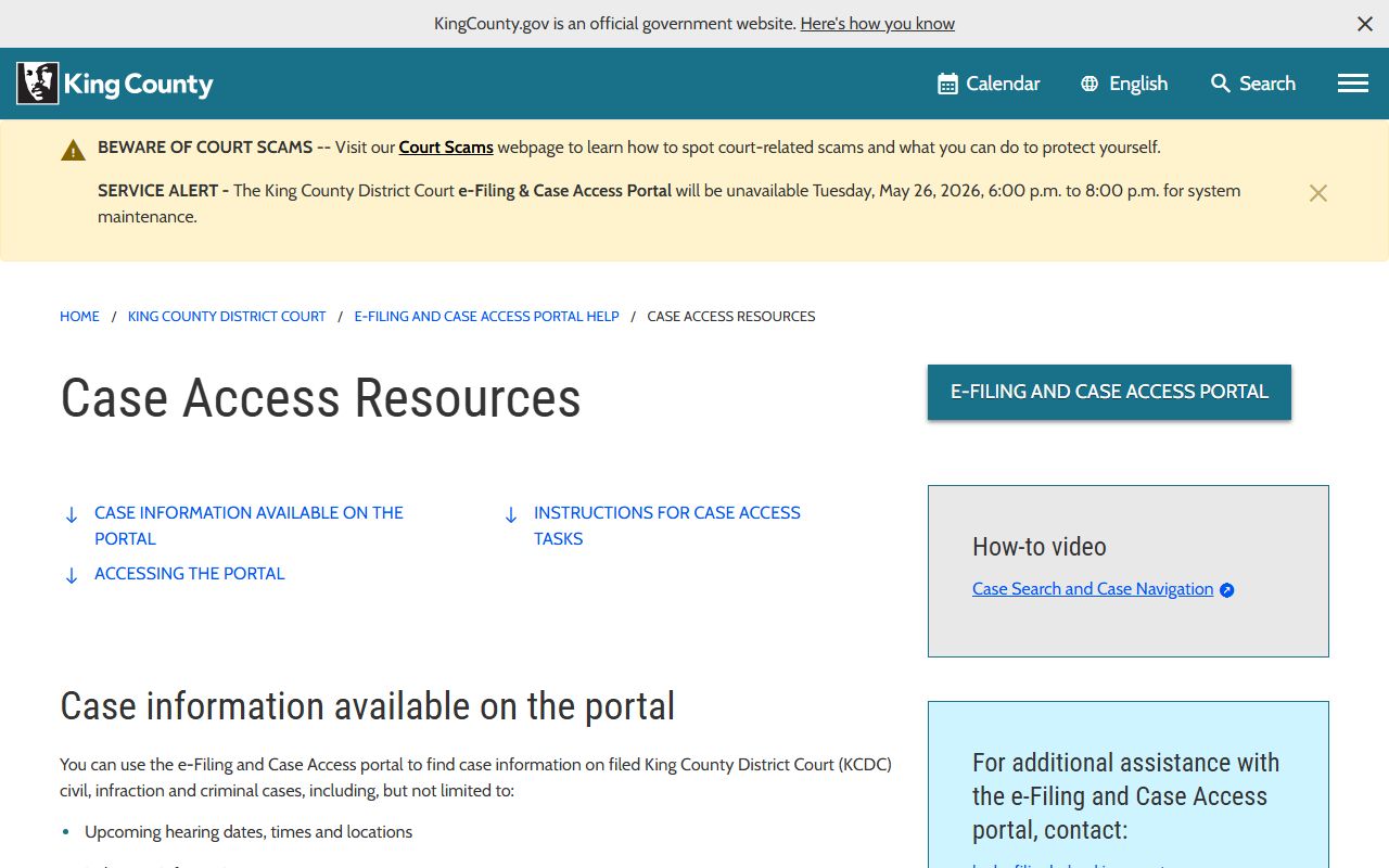 King County Superior Court page District Court case access resources