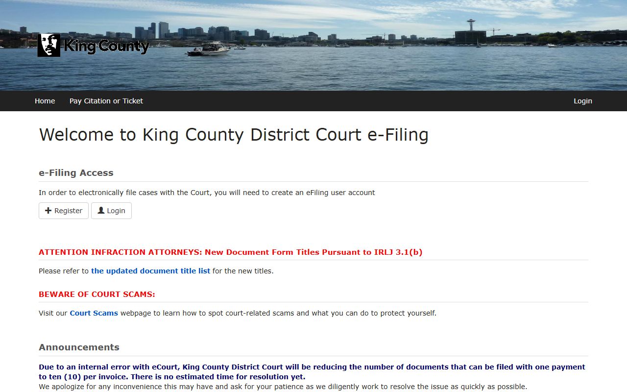 King County Superior Court page District Court e-filing portal
