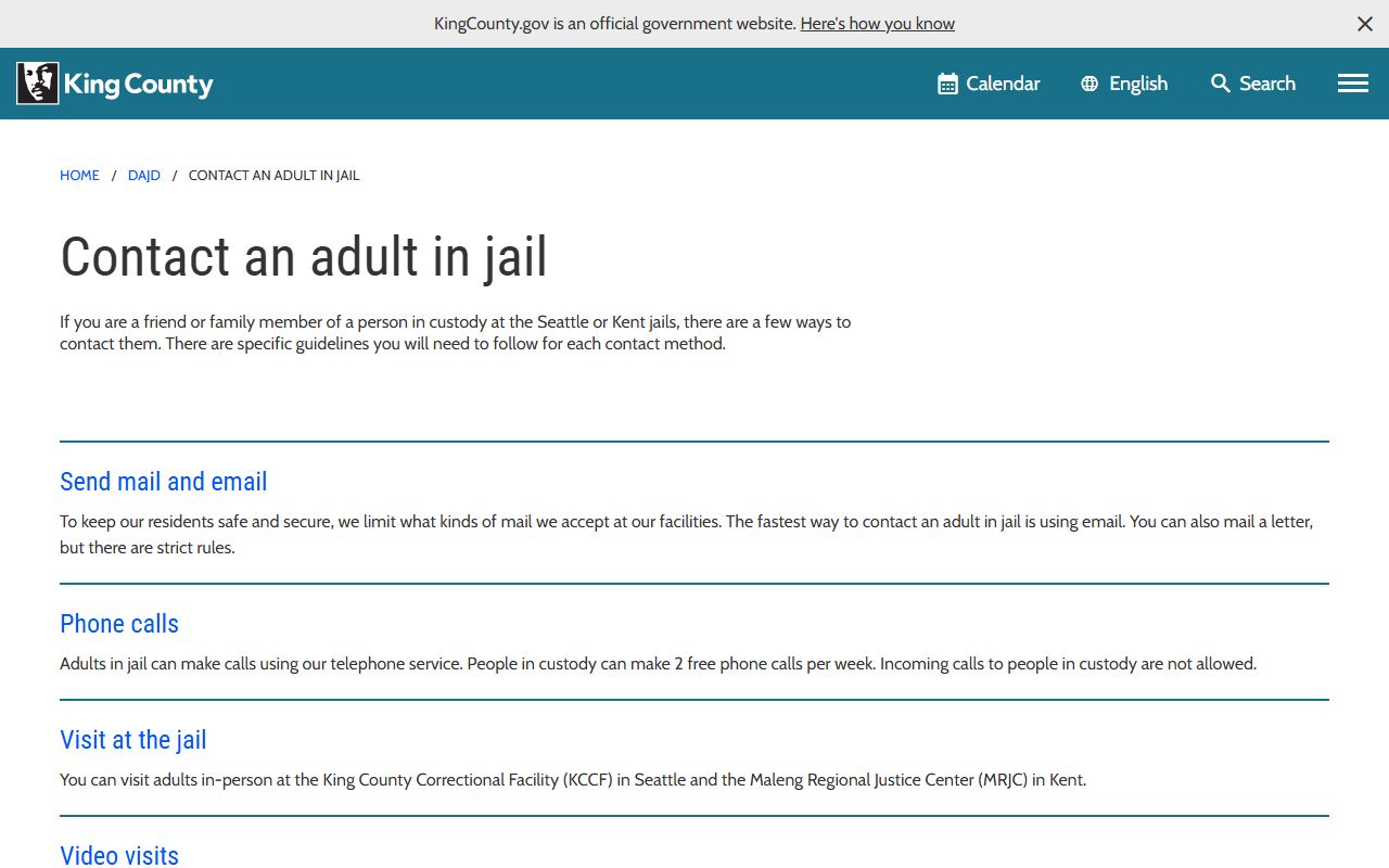 King County inmate population adult jail contact hub
