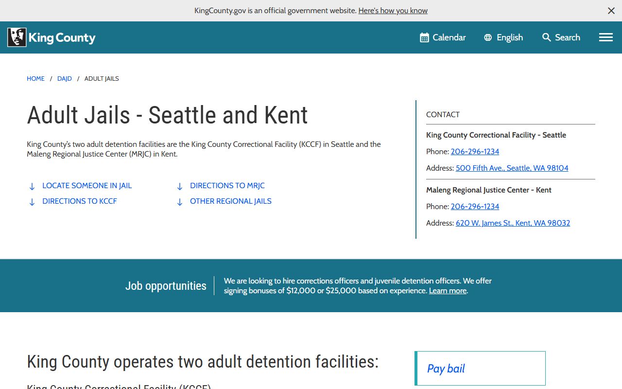 King County inmate search adult jails Seattle and Kent page