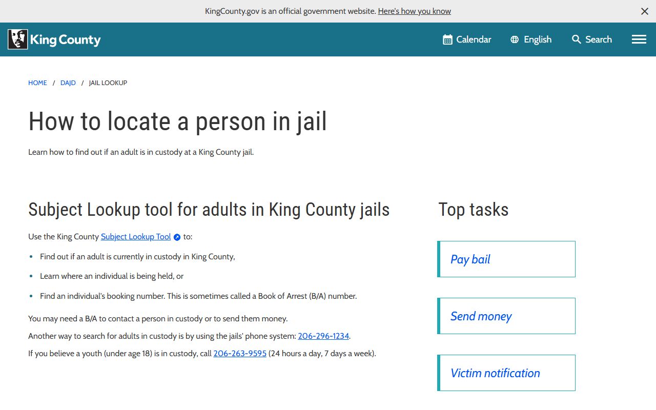King County inmate search DAJD locate a person in jail page