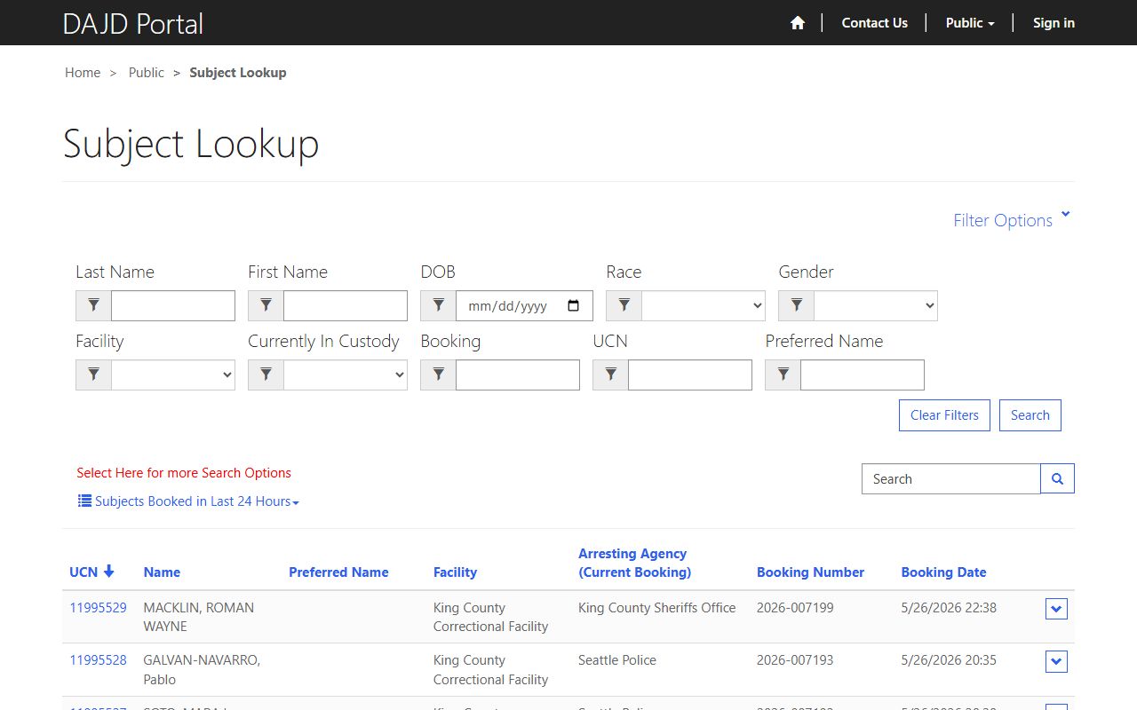 King County inmate search DAJD Subject Lookup Tool