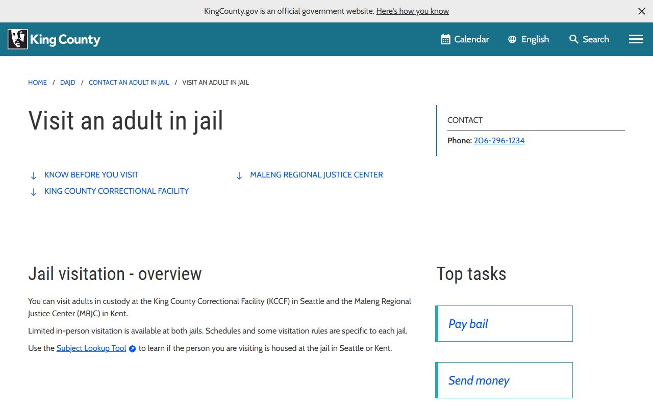 King County inmate search adult jail visitation rules