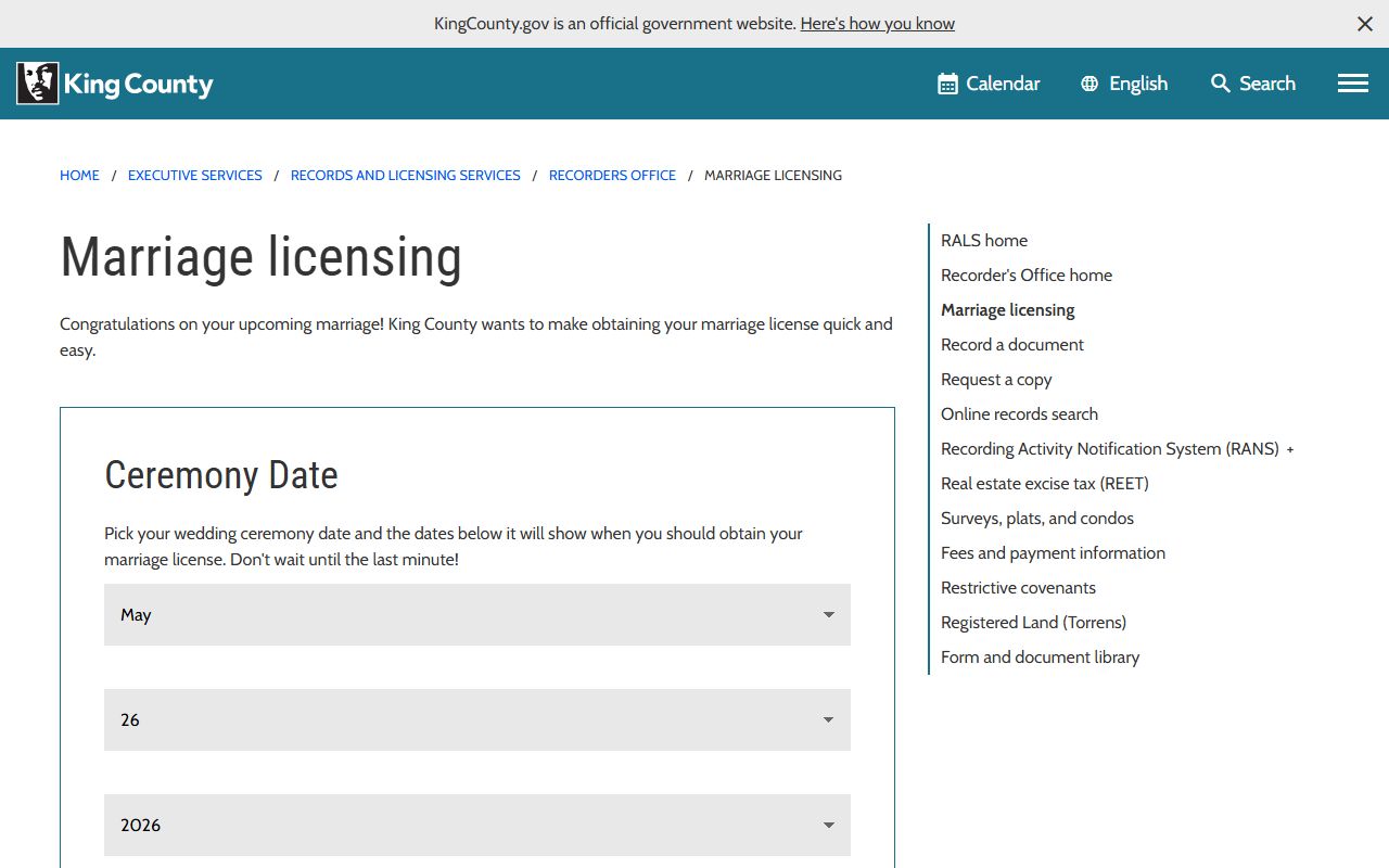 King County marriage records marriage licensing page