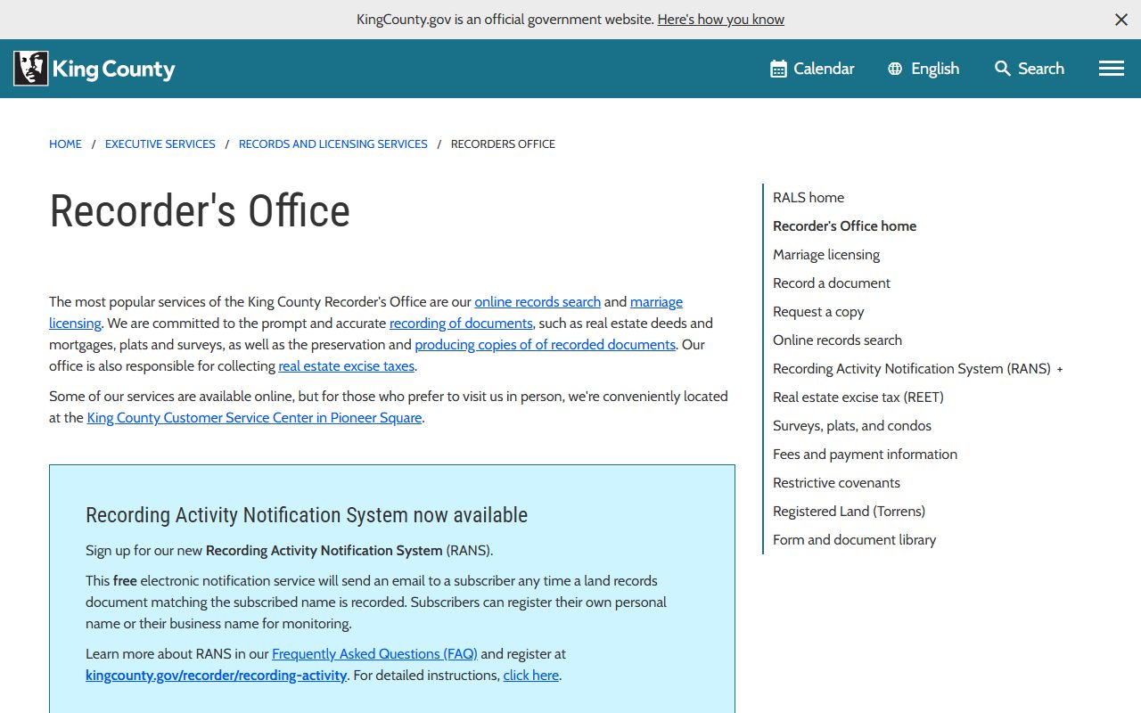 King County marriage records Recorder's Office records page