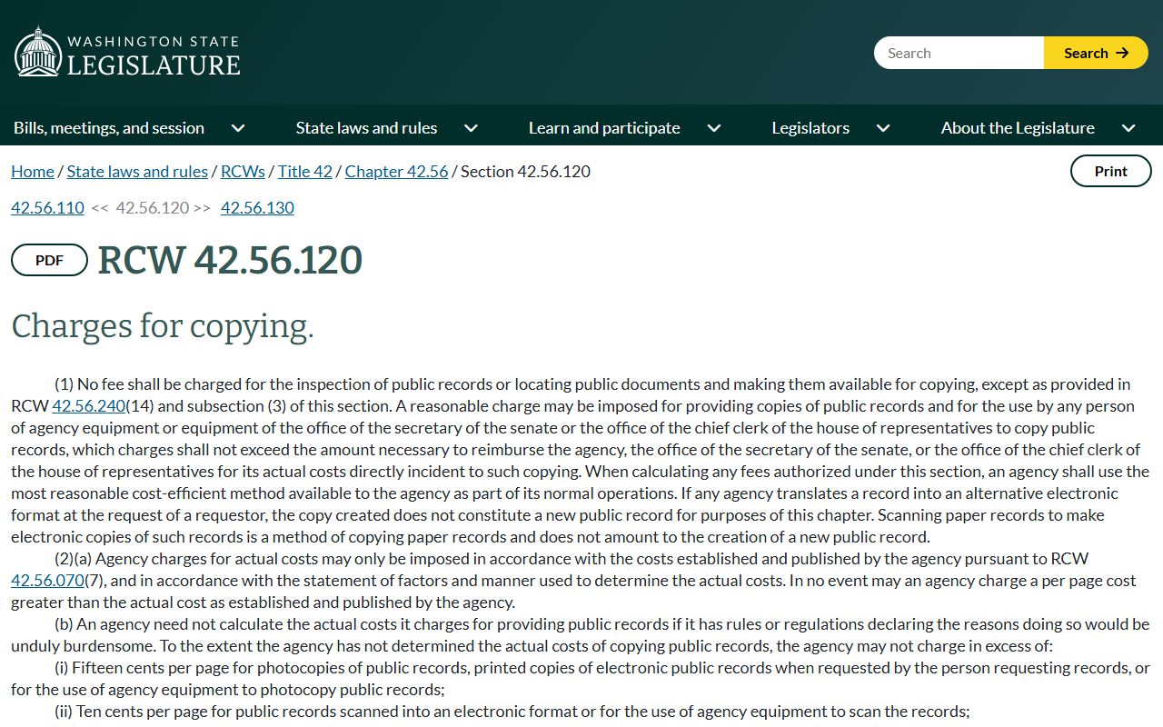 King County public records PRA copying charges statute