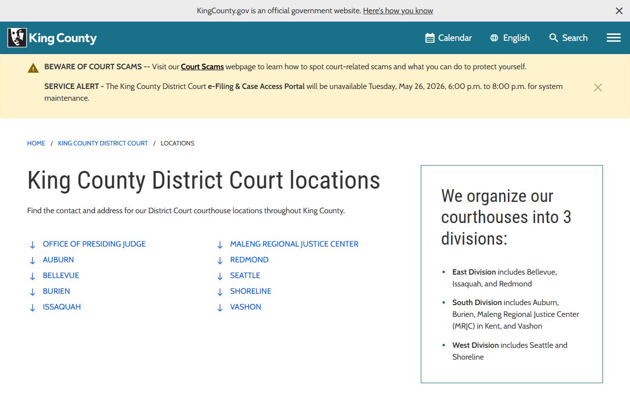King County District Court records location list