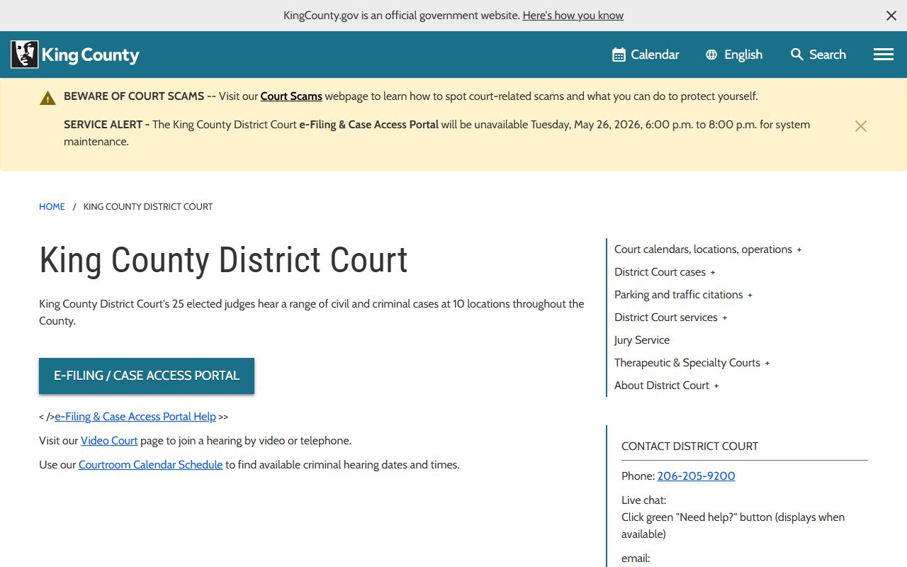 King County District Court records portal home page